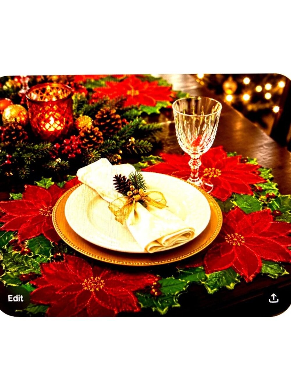 Set of 6 St. Nicholas Square Christmas Poinsettia Placemats Red Green Gold Glitt - Picture 7 of 10